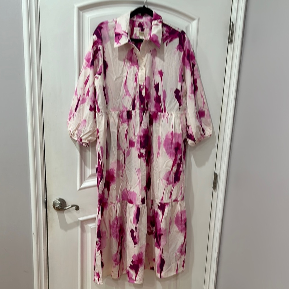 Maeve by Anthropology Pink Floral Collared Maxi Dress